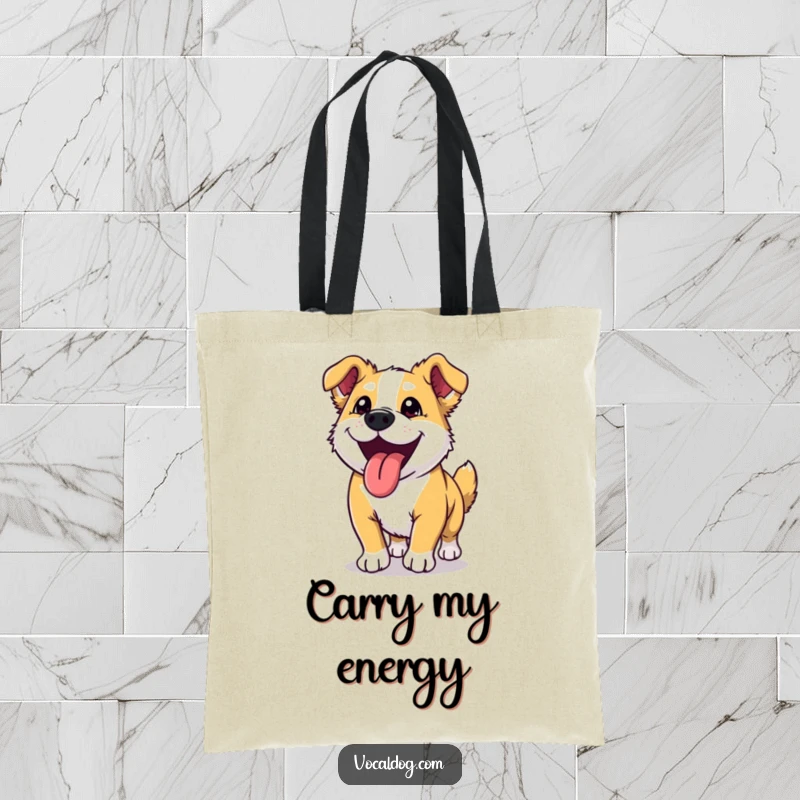 Funny dog tote bag featuring an ecstatic dog with its tongue out after an energizing and happy run.
