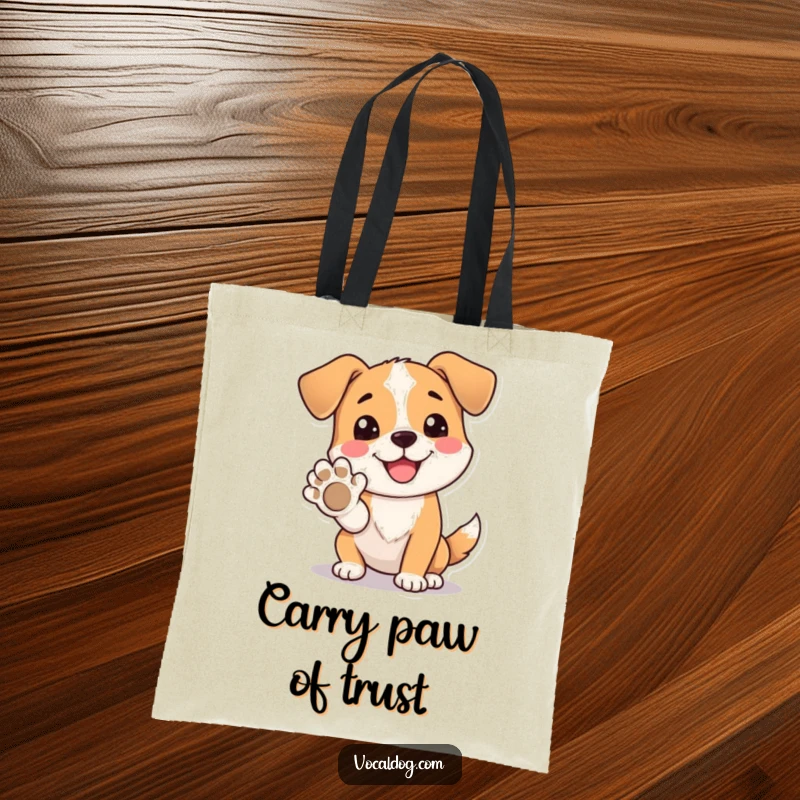 Funny Tote Bag showcasing a dog beaming with happiness while offering its paw, perfect for carrying items joyfully.