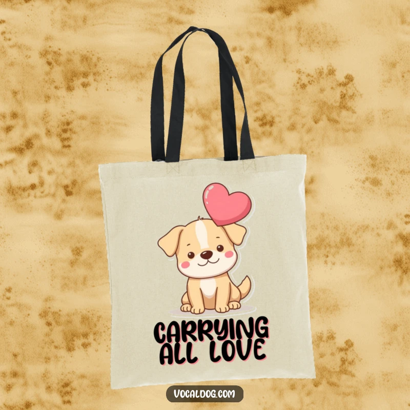 Funny heart dog tote bag with a dog carrying a large floating heart, symbolizing love and perfect for everyday use. Great funny gift.