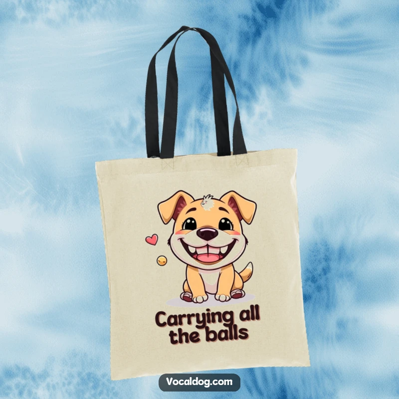 Funny Tote Bag: A tote bag featuring a dog with an enormous grin enthusiastically playing fetch, perfect for carrying essentials with joy.