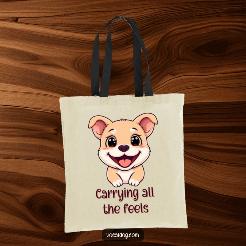 Funny Tote Bag featuring a happy dog with bright sparkling eyes and a wide, cheerful grin, a stylish accessory.
