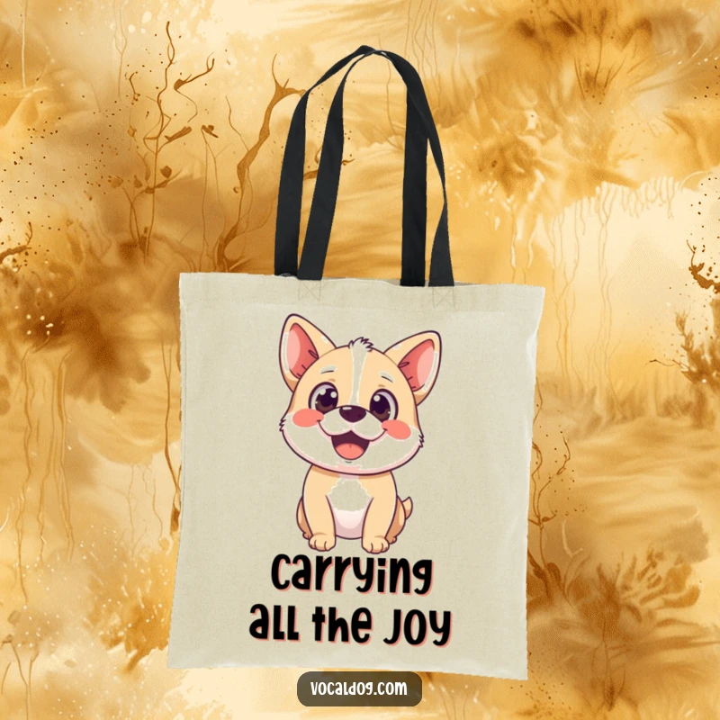 Funny tote bag featuring a happy dog character with a wide, delighted gaze, symbolizing pure bliss and joy.