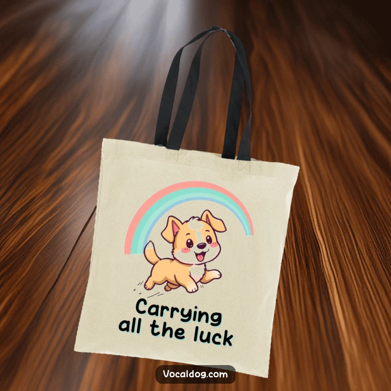 Funny tote bag with a cute dog character enthusiastically pursuing a vivid rainbow, perfect for carrying daily items with a humorous vibe.