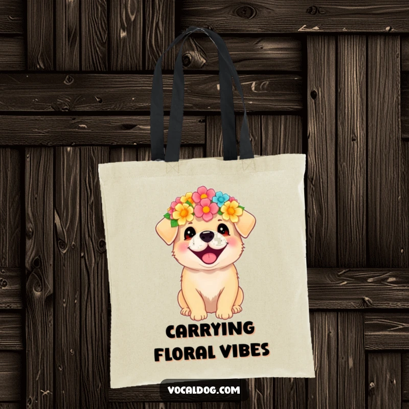 Funny tote bag showcasing a dog wearing a flower crown, radiating happiness and delightful floral charm.