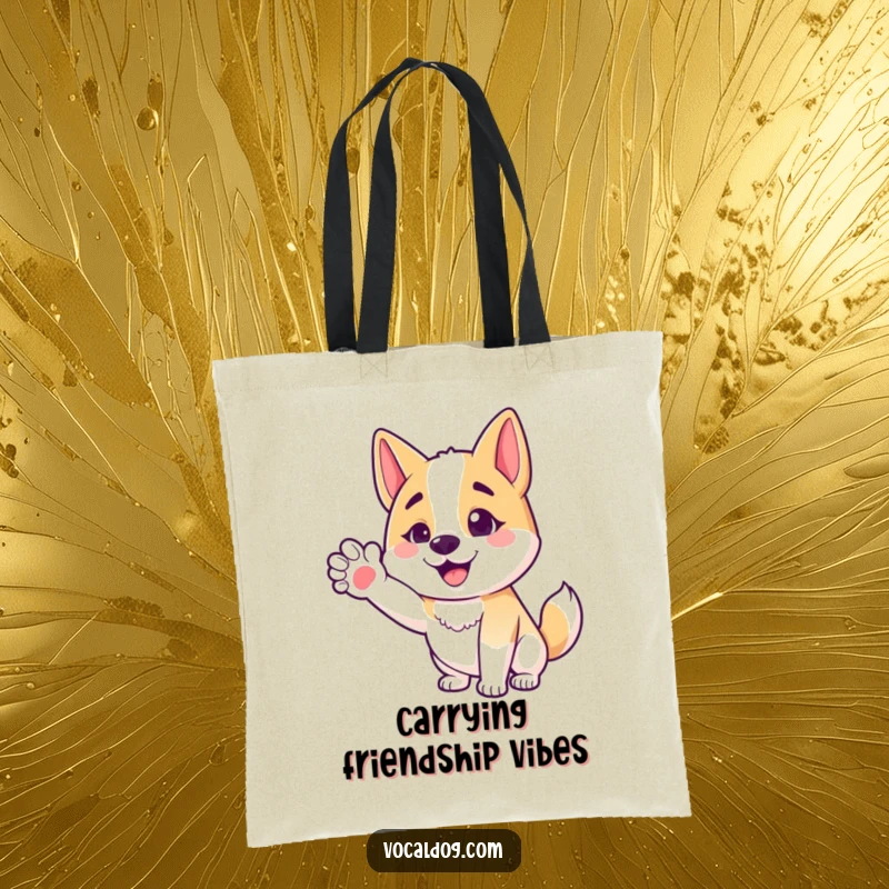 Funny tote bag featuring a happy dog character with an outstretched paw, offering a friendly gesture for everyday use.