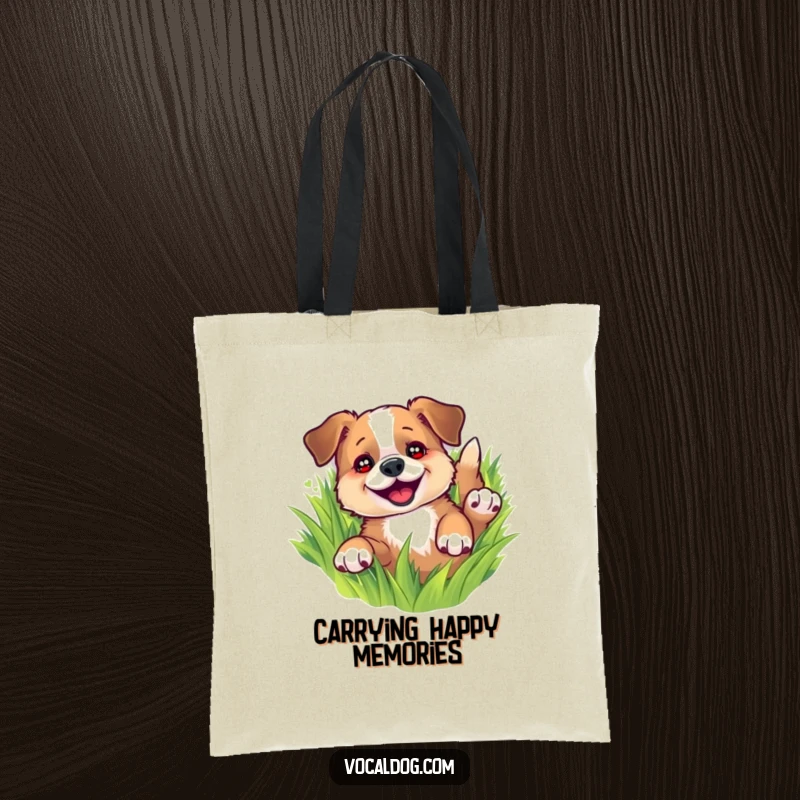 Funny tote bag print of a happy dog rolling in green grass, sparkling eyes, a symbol of pure doggy delight, useful present.
