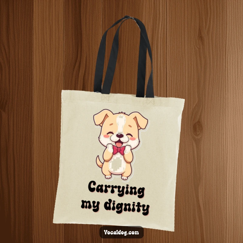 Funny Tote Bag showcasing a dog character in a playful bow, adding a touch of class and humor to your day.
