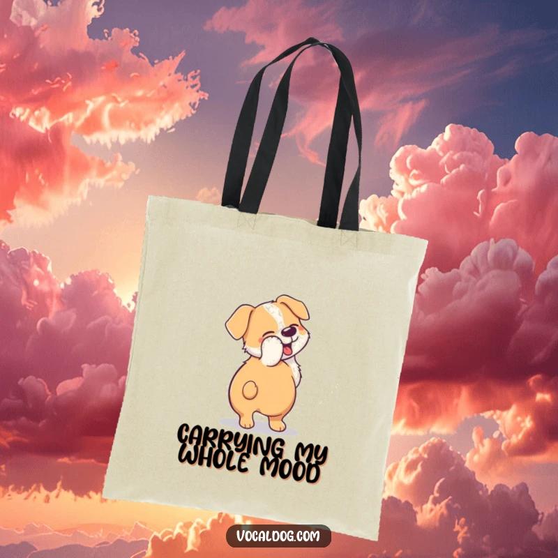 Funny tote bag depicting a dog's tail blurred in a happy, circular motion, representing high-energy canine excitement.