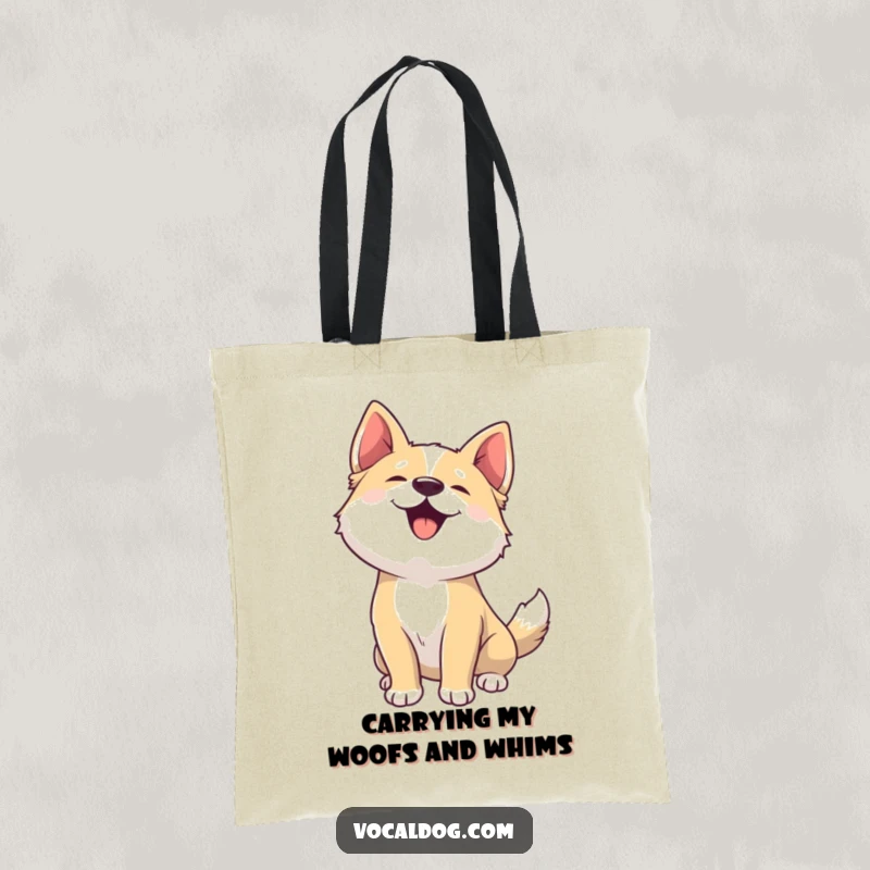 Funny tote bag showcasing a dog joyfully woofing with head back, a humorous depiction of canine happiness.