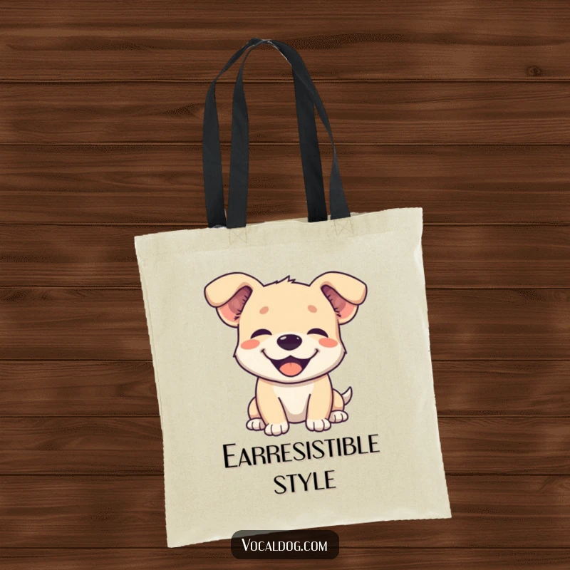 Funny tote bag illustrating a dog character with its ears comically flopped back, eyes closed in utter delight.