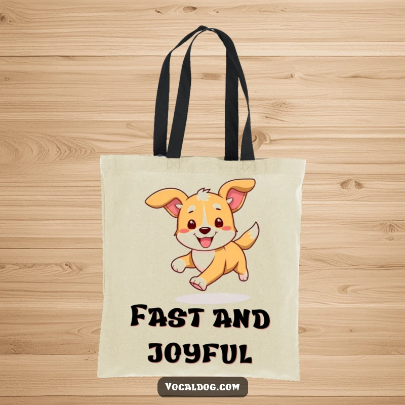 Funny tote bag illustrating a dog in motion, ears streaming back, representing speed, happiness, and the thrill of the open road.