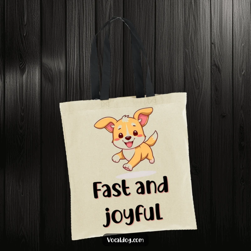 Funny tote bag illustrating a dog in motion, ears streaming back, representing speed, happiness, and the thrill of the open road.