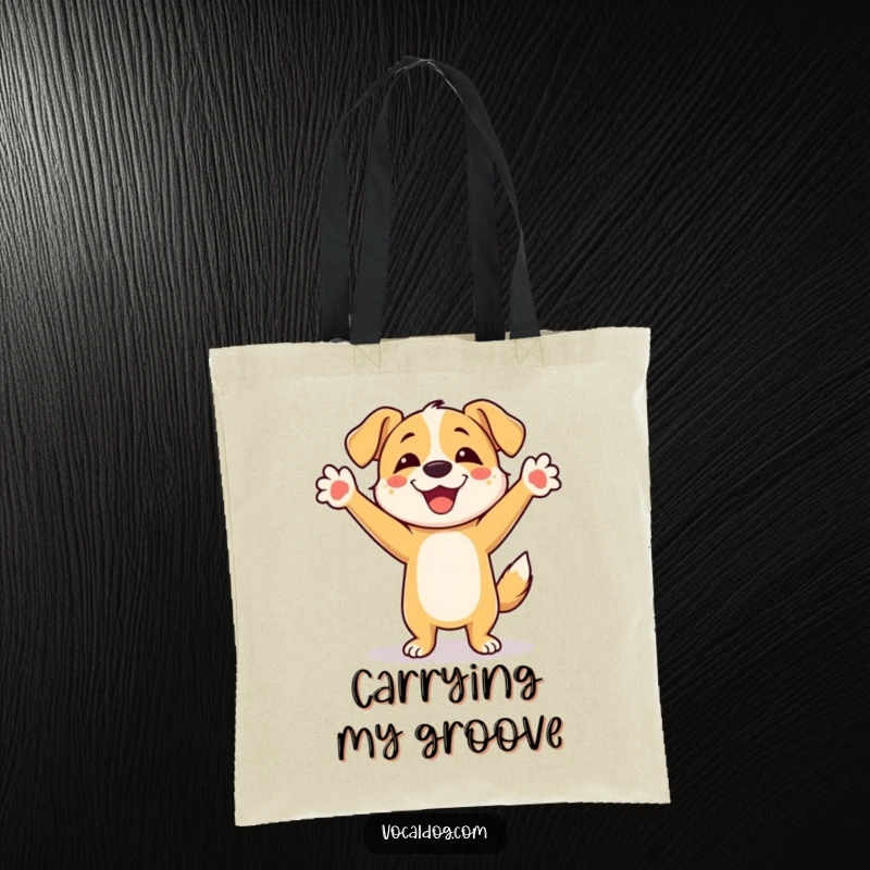 Funny Dog Tote Bag: A durable bag showcasing a happy dog character energetically dancing with its front paws raised high in the air.