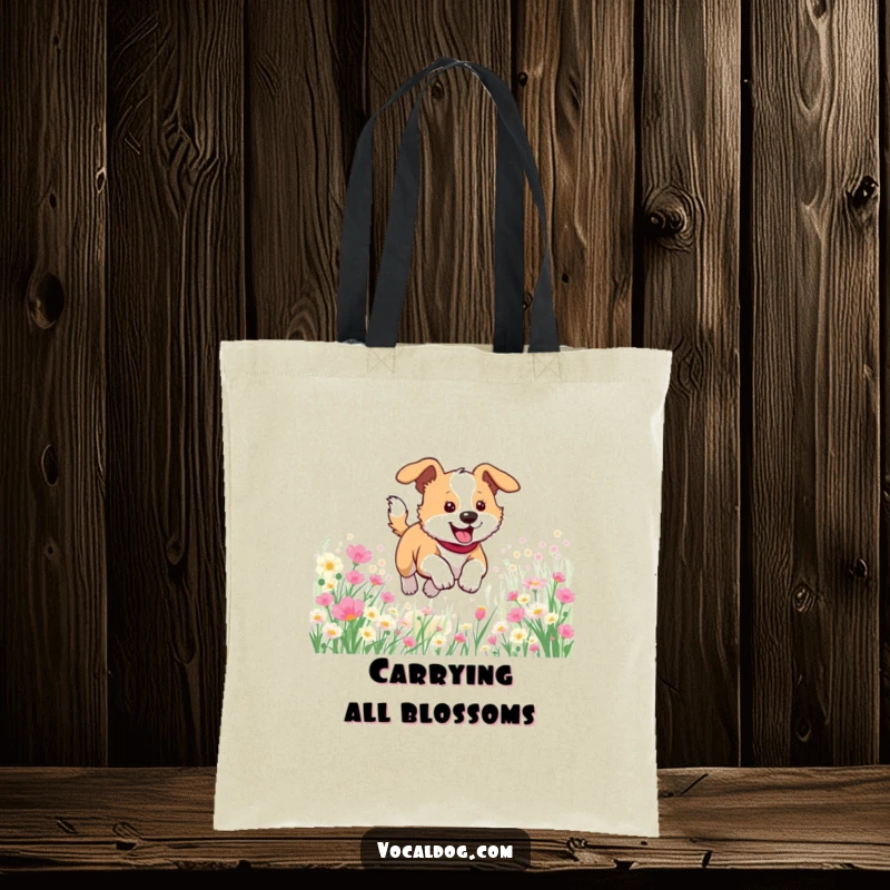 Funny tote bag featuring a dog leaping with glee through a vibrant meadow of flowers, perfect for carrying essentials.
