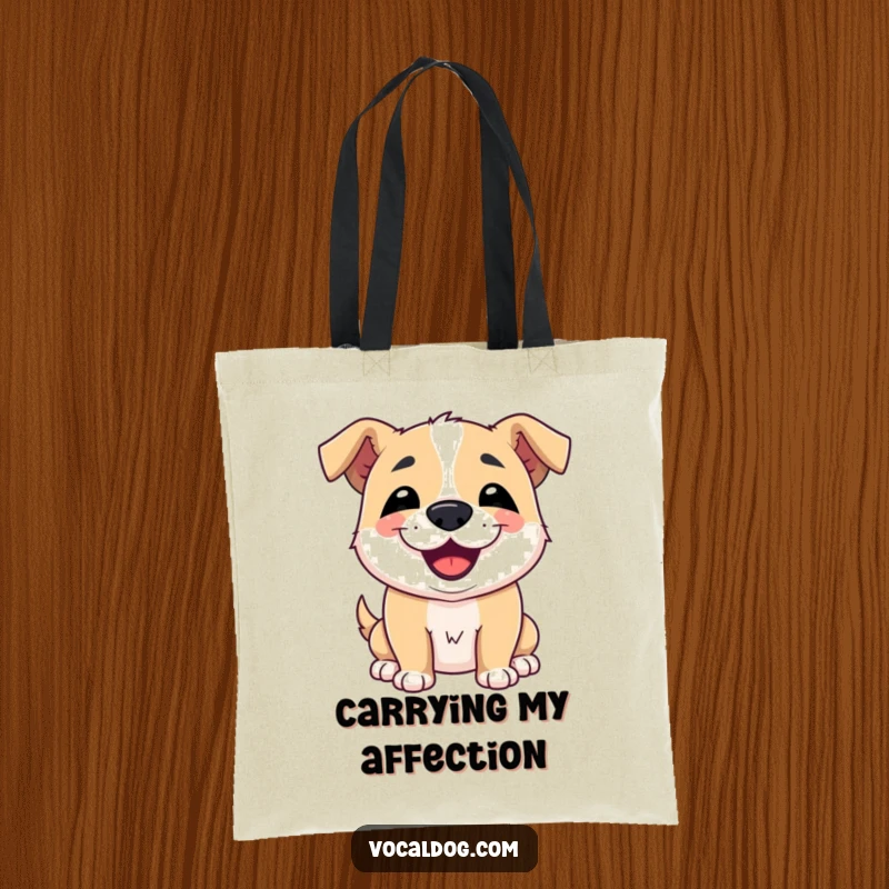 Funny tote bag print of a dog giving a friendly slobbery kiss with a charming smile, symbolizing affectionate humor, useful accessory.