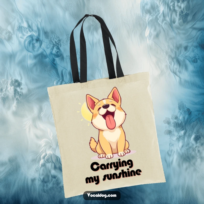 Funny tote bag print of a dog's head tilted up, panting happily in the sun, radiating warmth and joy, useful accessory.