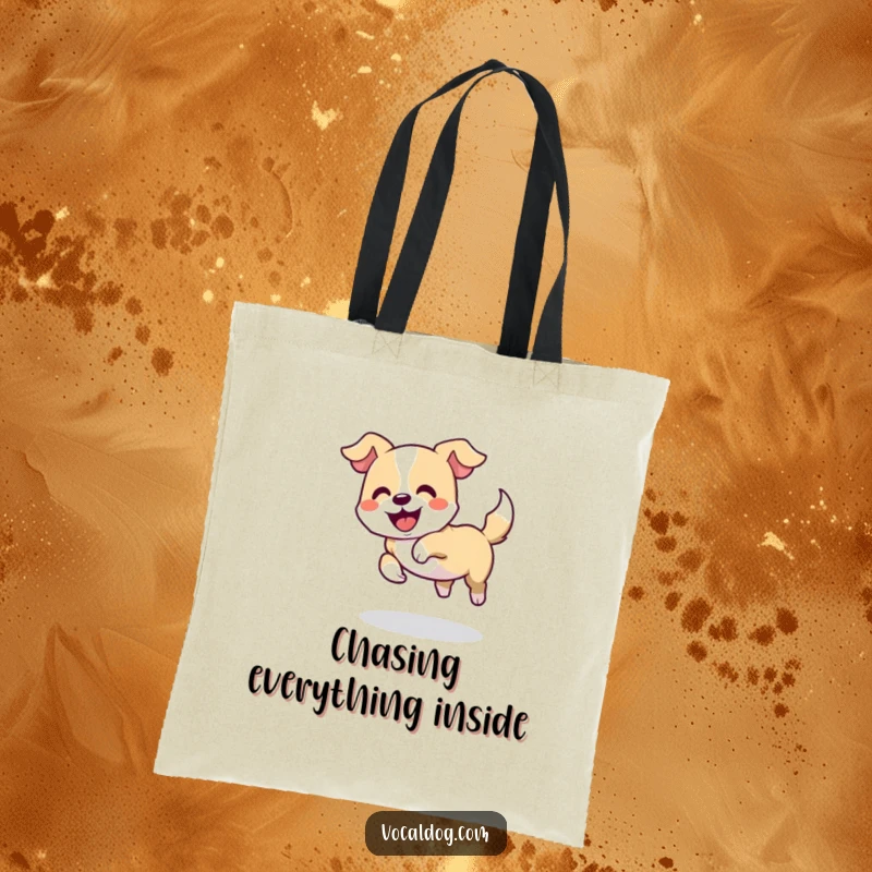 Funny tote bag print of a dog playfully chasing its tail in a delighted circle, symbolizing pure canine fun, useful accessory.