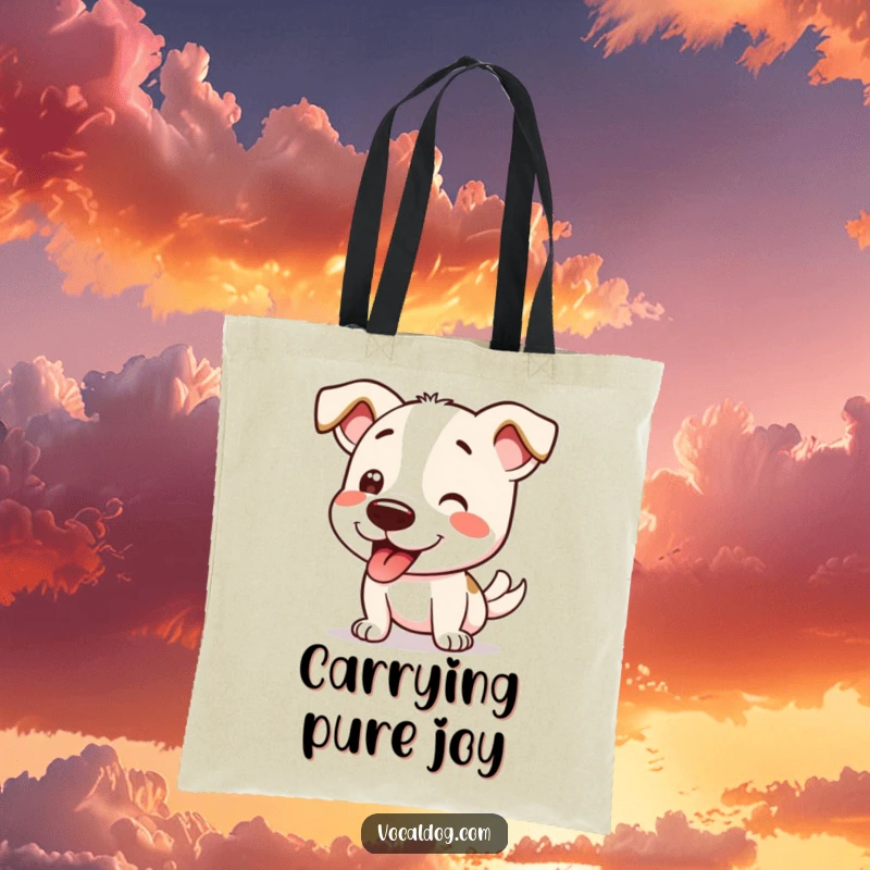 Funny Tote Bag showcasing a dog doing a full-body happy wiggle, perfect for carrying items with a cheerful spirit.