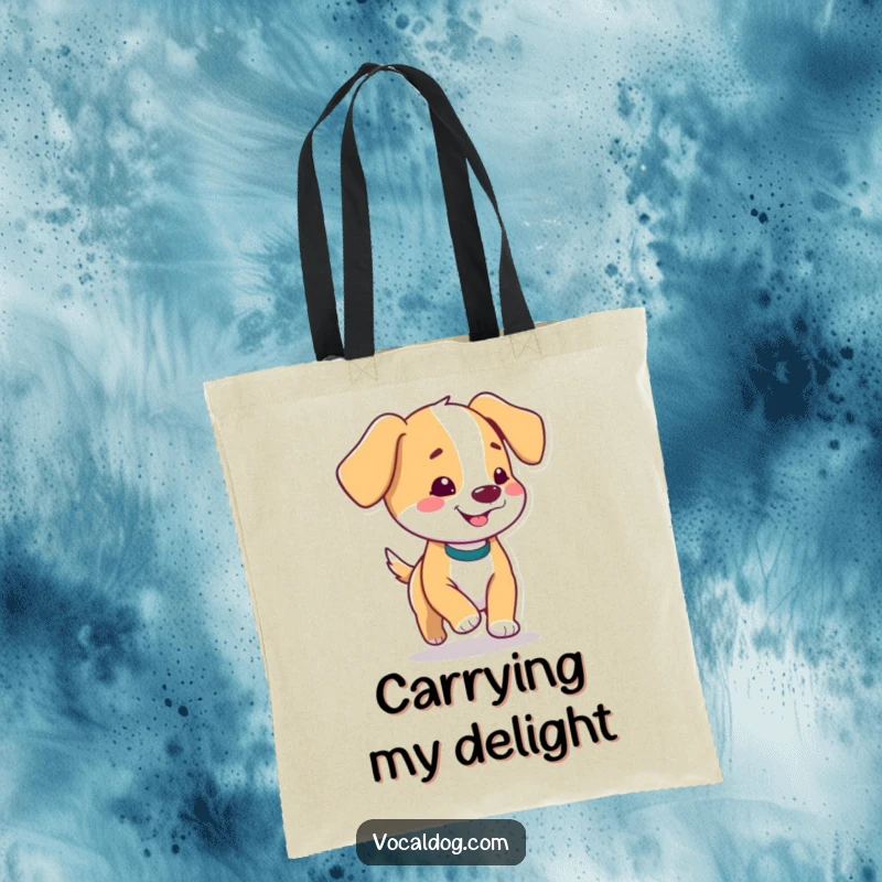 Funny tote bag illustrating a dog character with floppy ears prancing with sheer delight, capturing pure happiness.