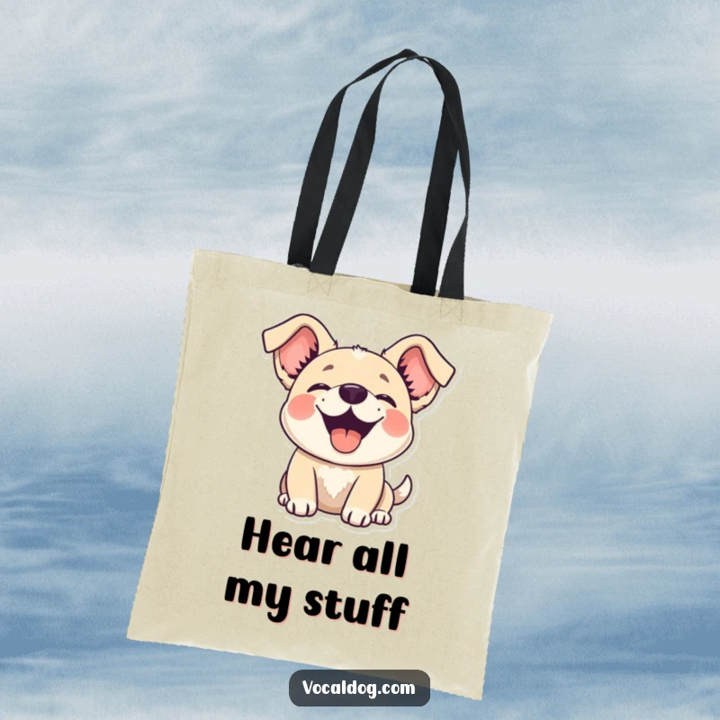 Funny dog tote bag depicting a happy dog with ears flopping joyfully upwards, a symbol of playful excitement.