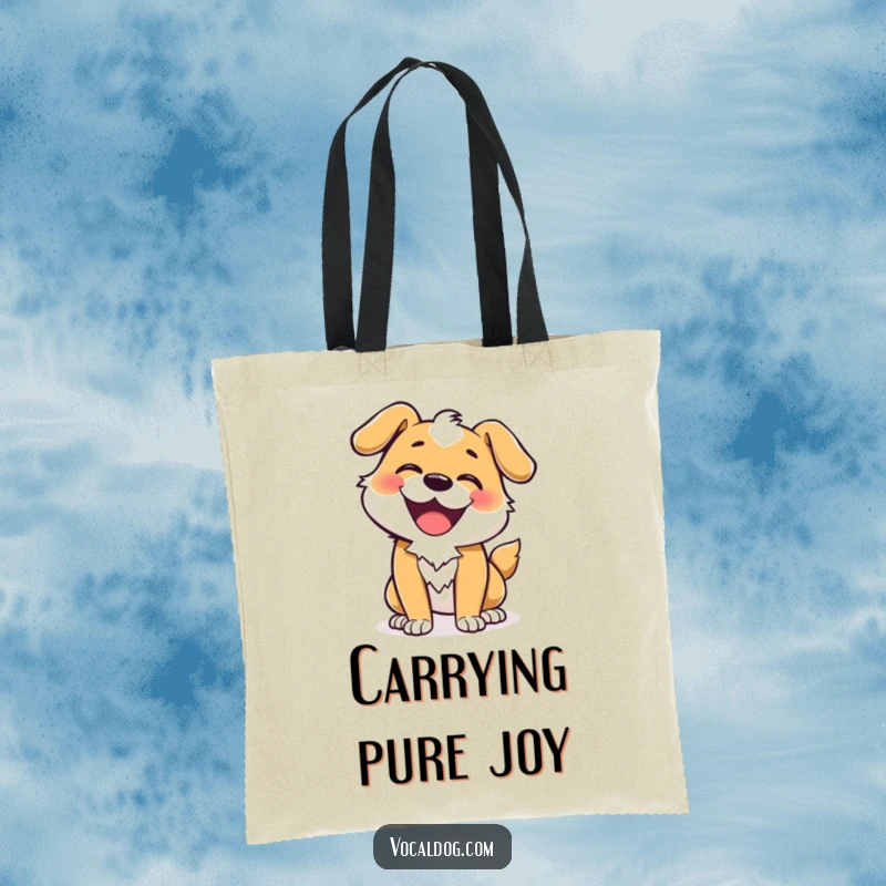Funny tote bag with a design of a dog doing an ecstatic wiggle, full of vibrant energy and happiness.