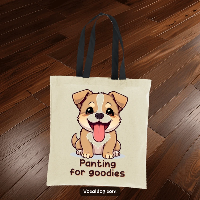 Funny tote bag featuring a happy dog panting with its tongue lolling out, symbolizing pure joy and outdoor fun.
