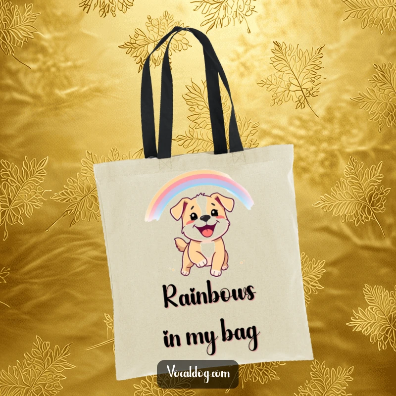 Funny tote bag with a smiling puppy chasing a rainbow, symbolizing dreams and joyful aspirations.