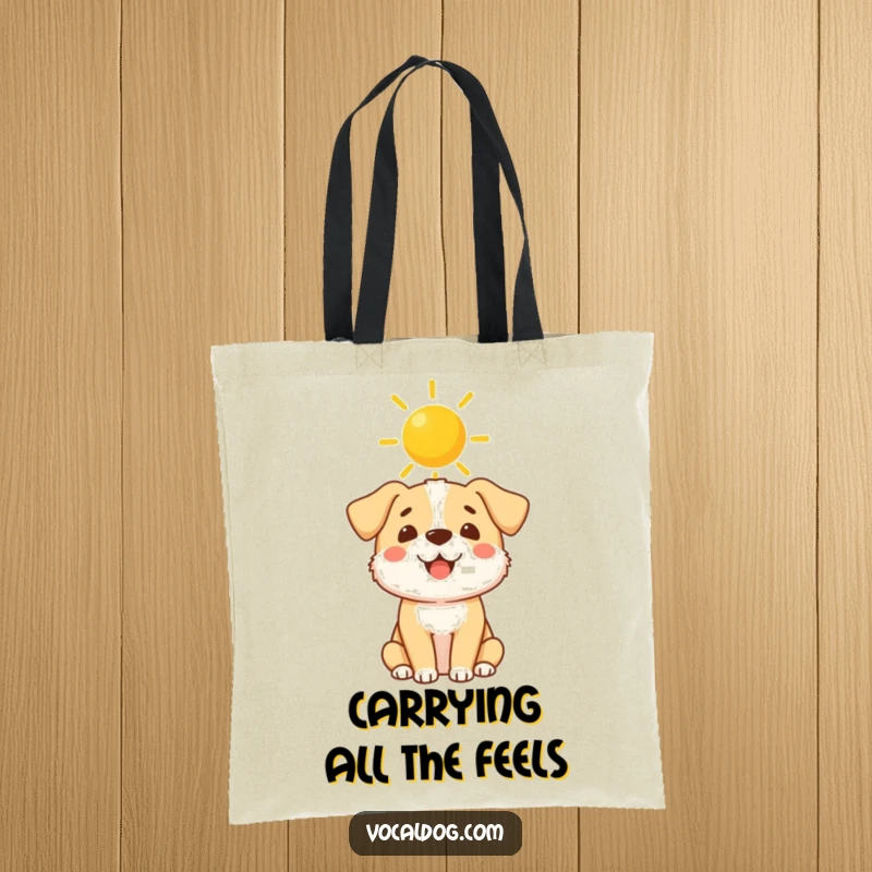 Funny Tote Bag: A beaming dog with a bright sunshine halo illustration, perfect for carrying groceries or good vibes.