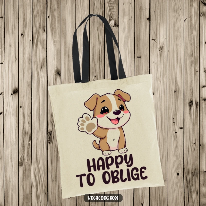 Funny tote bag featuring an adorable dog character offering its paw, symbolizing friendship and a happy greeting, a must-have for dog moms.