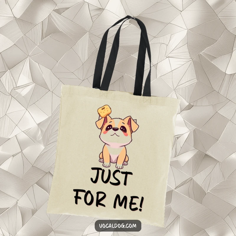 Funny dog tote bag with a dog gazing upwards with adoration at a floating treat symbolising desire.