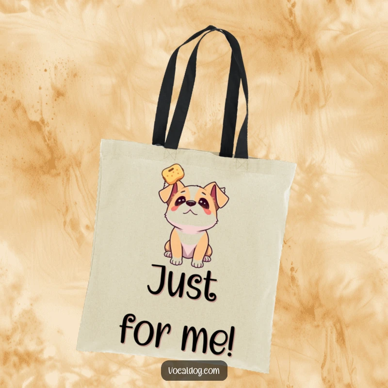 Funny dog tote bag with a dog gazing upwards with adoration at a floating treat symbolising desire.