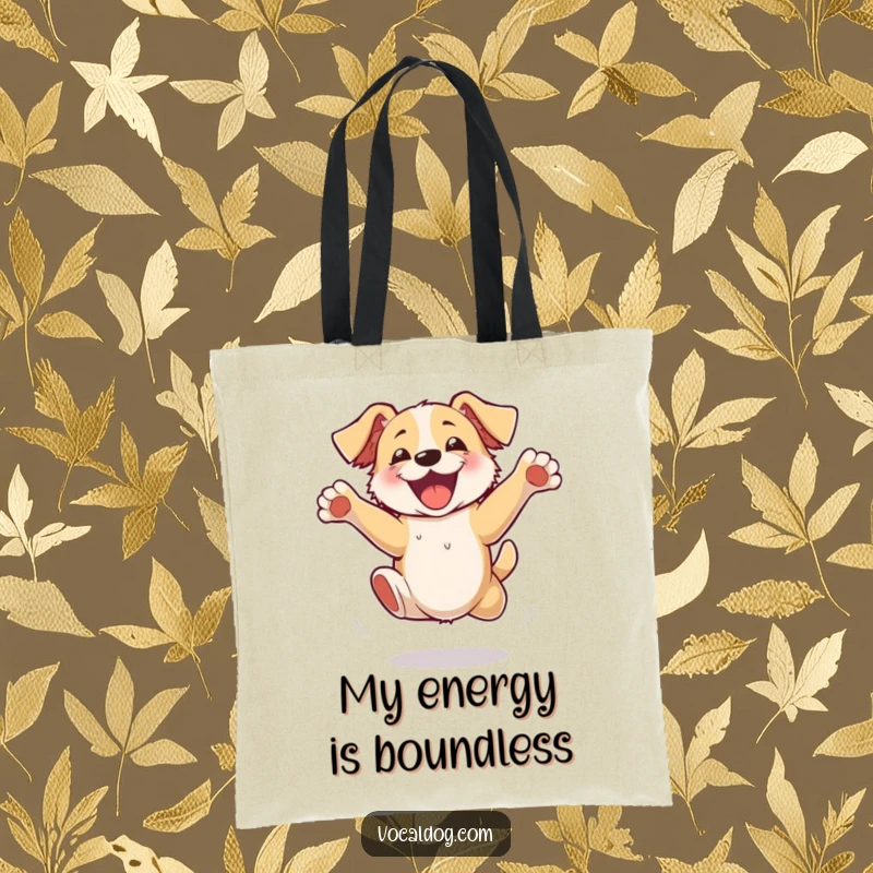 Funny Tote Bag with a dog captured mid-jump, its paws flailing wildly in unrestrained excitement, perfect for carrying smiles.