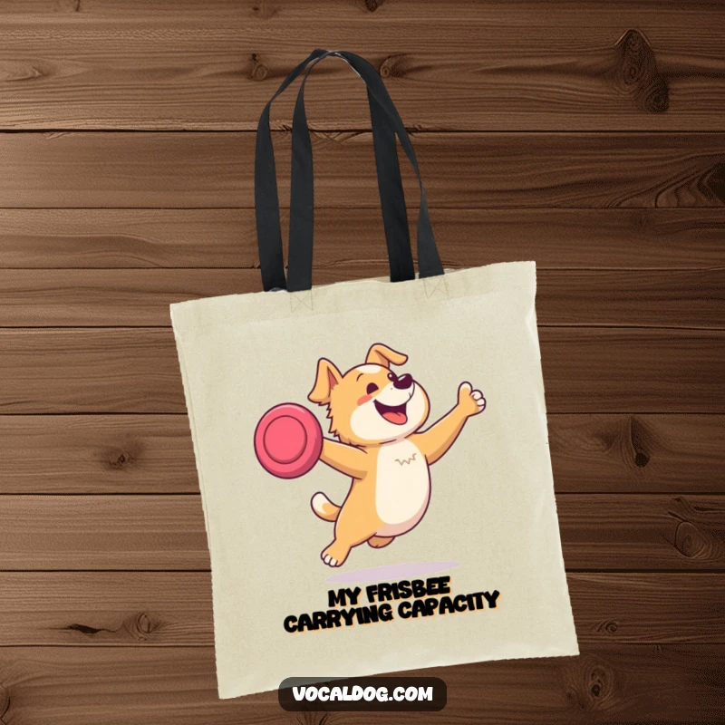 Funny tote bag featuring a dog joyfully leaping to snatch a frisbee, embodying playful energy and outdoor fun for a stylish carry-all.