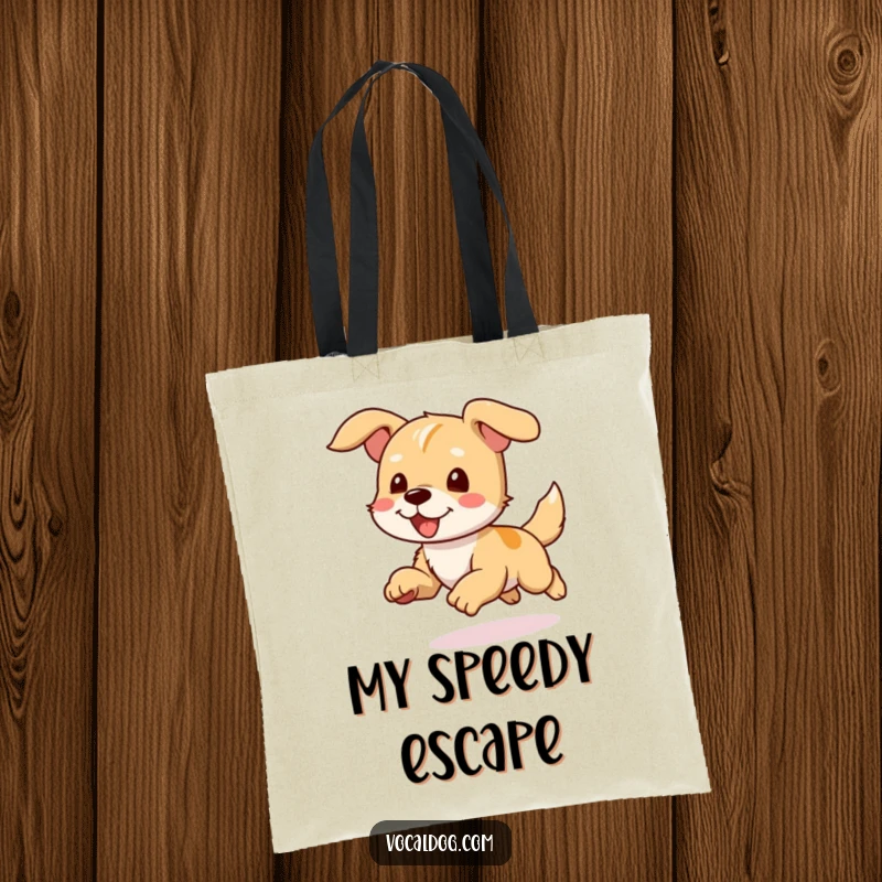Funny Tote Bag illustrating a dog character running freely with ears flapping, symbolizing unstoppable energy.