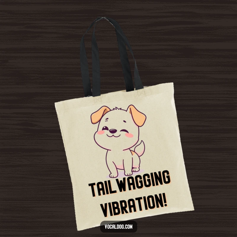 Funny dog tote bag featuring a happy dog doing a full-body wiggle from nose to tail, perfect for daily use.