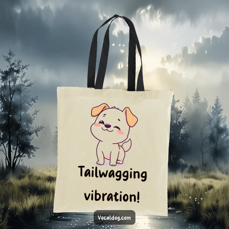 Funny dog tote bag featuring a happy dog doing a full-body wiggle from nose to tail, perfect for daily use.